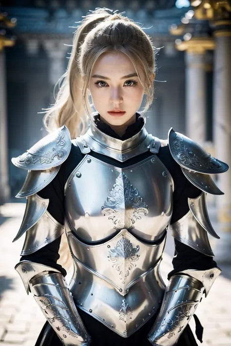 half body, walking pose, shot from front, slow motion, female paladin wearing the full body, (light silver armour:1.2),(ornately decorated armor), (insanely detailed, bloom:1.2), (analog:1.2), (high sharpness), (detailed pupils:1.1), detailed face and eyes...