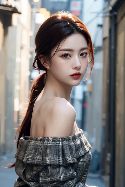 Best quality, masterpiece, ultra high res, (photorealistic:1.4), 1girl, in the dark, deep shadow, low key, (photorealistic:1.4), slim body, undone hair, off shoulder, japanese street alley, dynamic pose, face closeup
