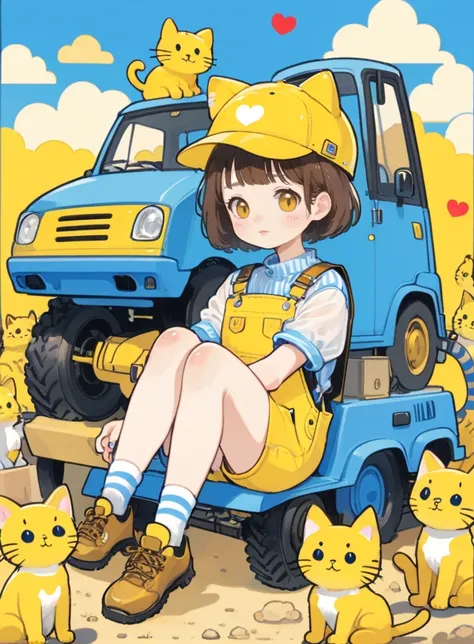 cute comic, 1girl, motor vehicle, cat, hat, yellow background, ground vehicle, overalls, solo, sitting, shoes, blue headwear, sh...