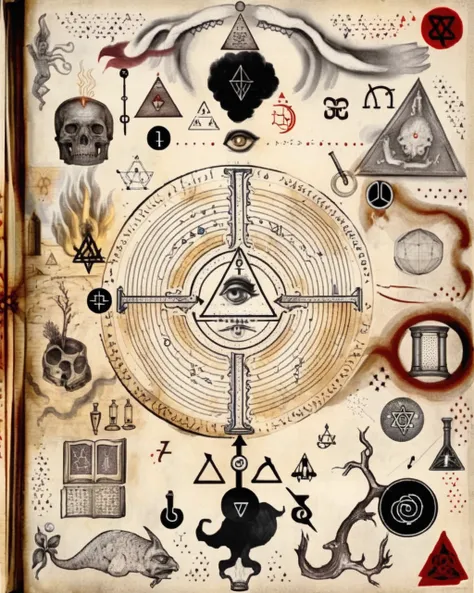 an enigmatic alchemy magic book page is adorned with cryptic symbols and mystical sigils, offering glimpses into the hidden know...