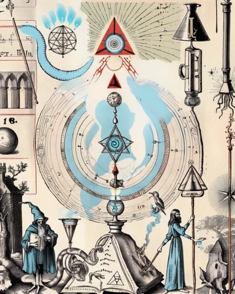 the alchemical book page features an illustration of a sorcerer wielding an intricately designed staff, fusing the realms of mag...