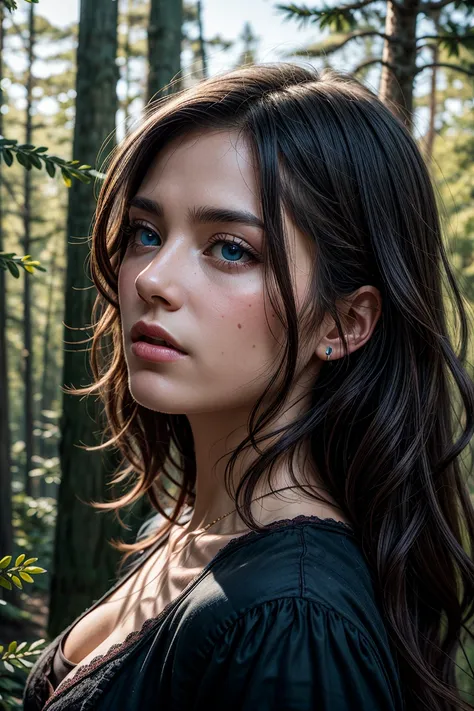 <lora:detailer:0.8> ,portrait of beautiful women, looking over spruce forest, moody portrait, striking features, beauty, intricate details, dramatic composition, tension, wispy hair, blue eyes, contrast, texture, realism, high-quality rendering, stunning a...