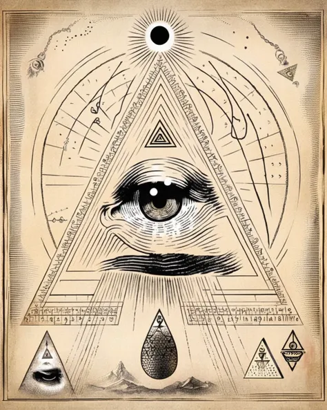 an enigmatic triangle encapsulates an eye within, inviting contemplation of the mystic significance of the all-seeing eye:1.4, e...