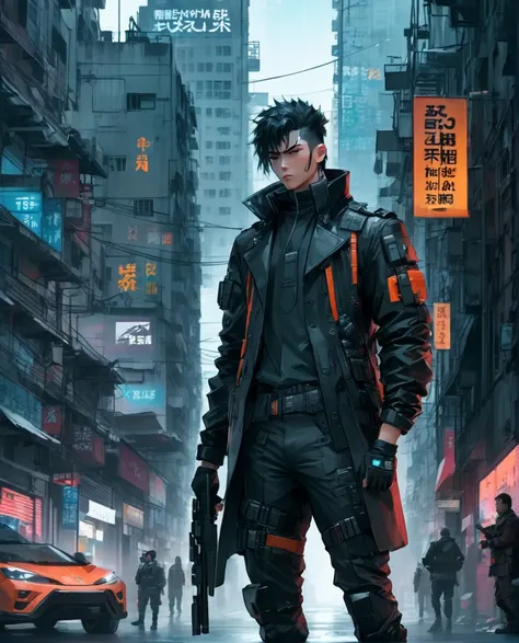 1boy, belt, black hair, building, car, city, cyberpunk, cyberpunk style, fingerless gloves, gloves, ground vehicle, gun, holding...