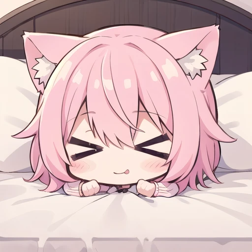 <lora:hotarueye_comic1_type2:1>, 1girl, (chibi:1.4), smile, closed mouth, upper body, animal ear, pink hair, lying on bed