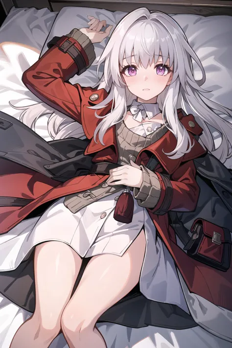 (extremely detailed CG unity 8k wallpaper,masterpiece, best quality, ultra-detailed, beautiful detailed eyes:1.2), 1girl, clara (honkai: star rail), solo, red coat, detached collar, sweater, white dress, blush, shy, looking at viewer, lying, bed sheet