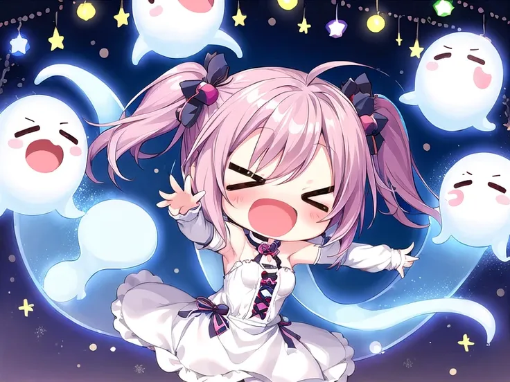 1girl, (chibi:1.3), ghost girl, ghosts, smile, eyes open, laugh, dancing, party night, ><, open mouth, <lora:hotarueye_comic1_v100:1>, <lora:flat2:-0.4> <lora:widemouth_v100:0.6>