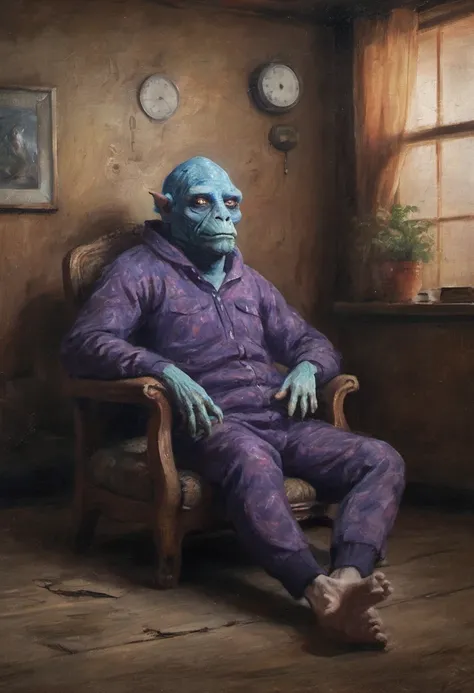 oil painting of an interstellar traveler monster relaxing in his dress-down sweats in a rustic room environment old wood and warm ambiance beautiful cinematic portrait by ClassipeintXL