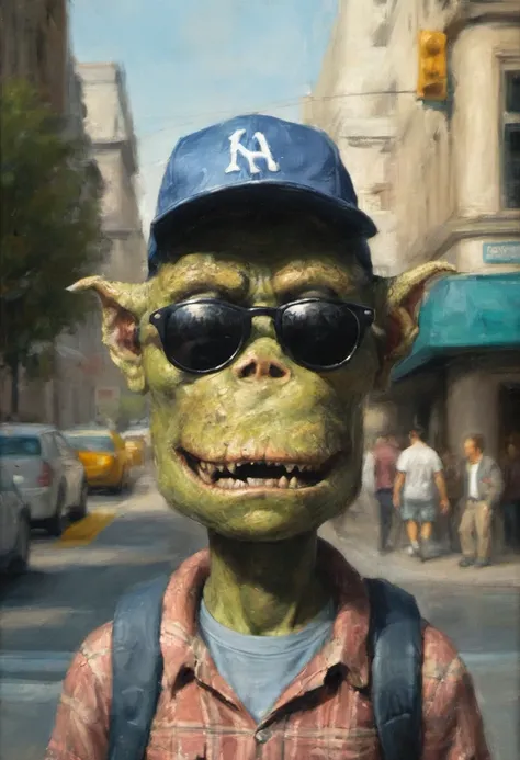 closeup portrait of a taciturn bipedal monster tries to keep a low profile and blend in with human clothes wears baseball cap and sunglasses on a bustling city sidewalk by ClassipeintXL head and shoulders monster