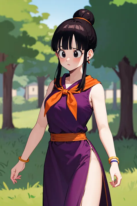 masterpiece, best quality, highres, dragon ball, bbchichi, single hair bun, hair bun, blunt bangs, sidelocks, black eyes,  earrings, orange neckerchief, orange scarf, purple dress, sleeveless, bracelet, <lora:chi-chi_v1:0.6>, standing, cowboy shot, outdoor...