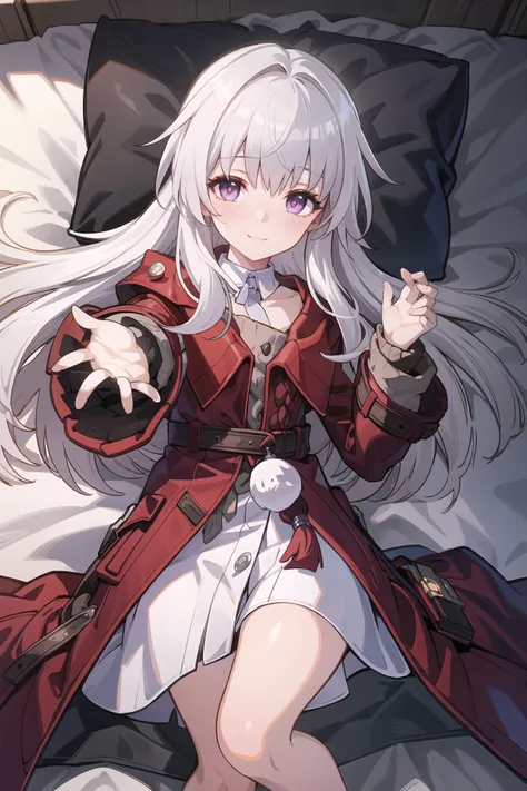 (extremely detailed CG unity 8k wallpaper,masterpiece, best quality, ultra-detailed, beautiful detailed eyes:1.2), 1girl, clara (honkai: star rail), solo, red coat, detached collar, sweater, white dress, blush, looking at viewer, lying, bed sheet, light sm...