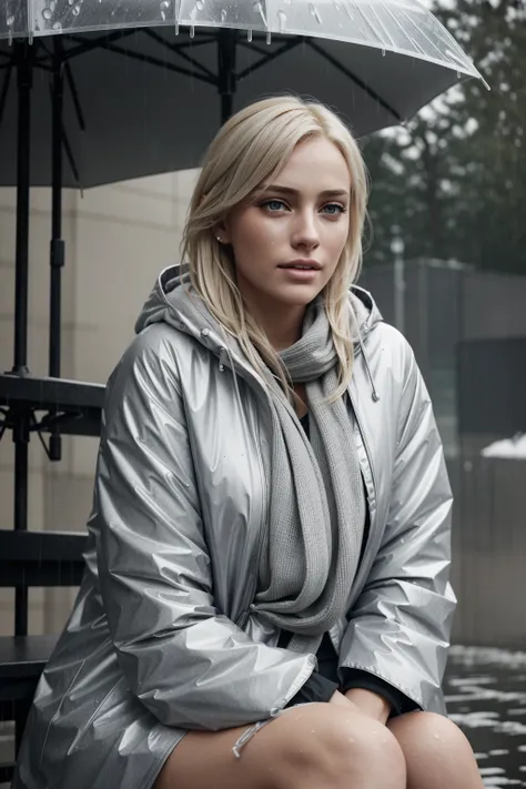 Beautiful depressed and crying young blond woman sitting outside in the cold rain, unreal engine 5 rendered, incredibly highly detailed and realistic, 8 k, sharp focus, studio quality, 8k, high quality, high resolution, 4k, hd, (well designed face), amazin...