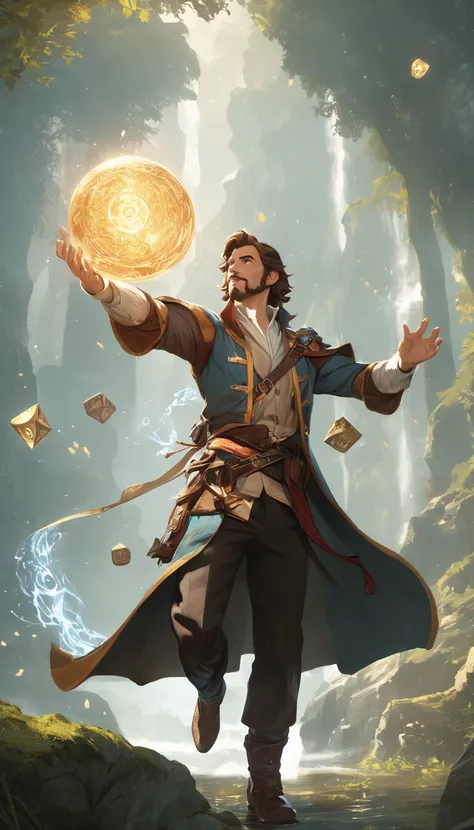 breathtaking Cinematic scene, hero view, Bard, an inspiring magician whose power echoes the music of creation, Dungeons and Dragons <lora:dungeons_and_dragons:1>, action pose, nature, detailed background, masterpiece, best quality, high quality, absurdres ...