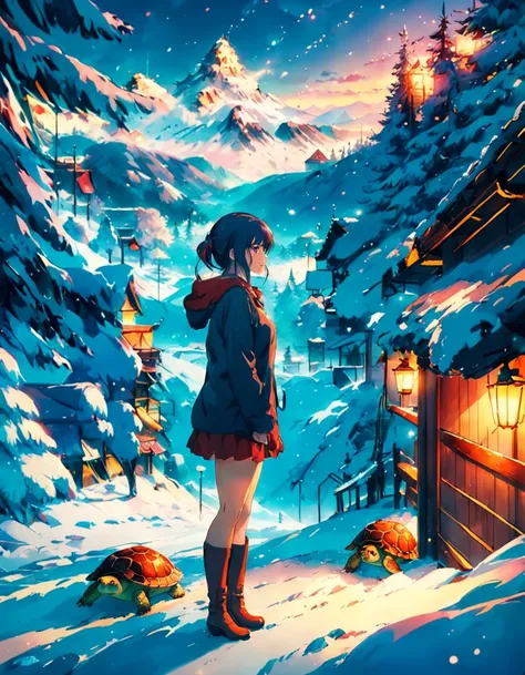 anime artwork epic Redshift render, behance, landscape of a masterpiece,best quality,1girl,sexy from inside of a Turtle den, Snowing, Cosy, Yuccie Art, Selective focus, Ektachrome . anime style, key visual, vibrant, studio anime,  highly detailed