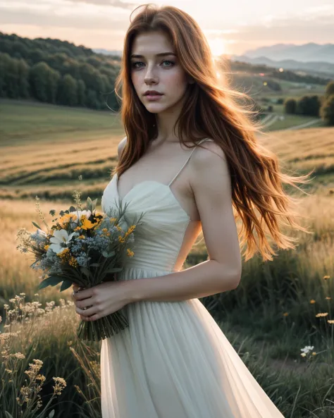 amateur photograph
occsan
(wearing a flowy white dress and holding a bouquet of wildflowers, walks gracefully across a picturesque meadow, surrounded by rolling hills and a golden sunset in the distance. The soft, natural light creates a serene atmosphere,...