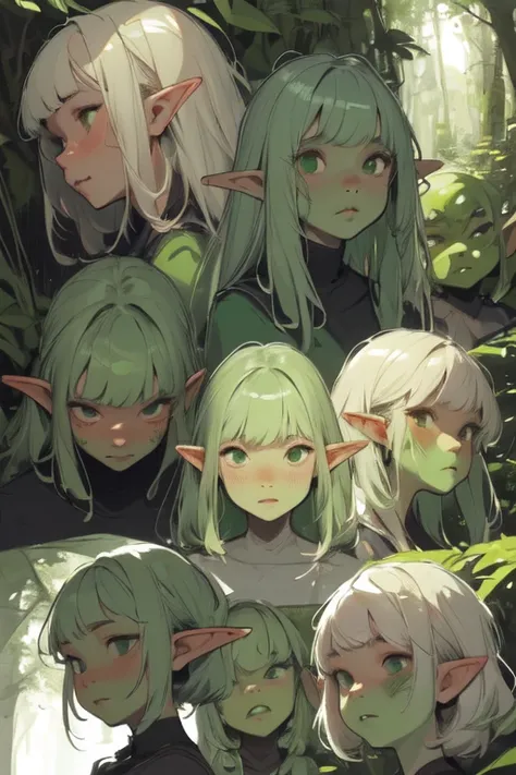 multiple view, multiple faces, faces, faces in composition, adult character, adults, adult, sunny, sunlight, raylight in face, raylight in hairs, intersting faces compositions, green skin, green skin tones, sketchy outlines drawing, sketchy outlines, sketc...