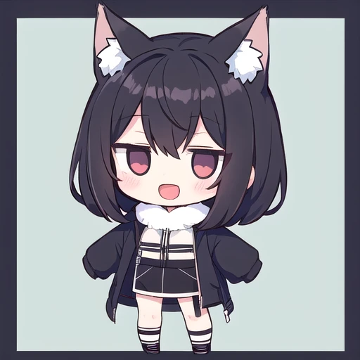 <lora:hotarueye_jitome11_v100:1>, 1girl, (chibi:1.4), smile, open mouth, upper body, standing, animal ear, black hair