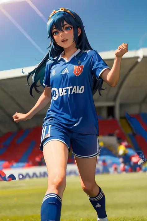 (extremely detailed CG unity 8k wallpaper), (best quality), (ultra-detailed), (best illustration), 1girl, detailed soccer stadium, outdoors, beautiful sunlight, soccer uniform, shorts, socks, soccer,  green field, (smiling),  <lyco:unichile-10:0.8>, unichi...