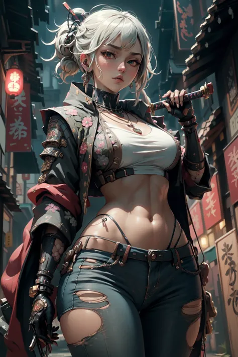 Samuraniji, (masterpiece, best quality:1.3),extremely high detailed, intricate, 8k, HDR, a woman, samurai jacket,  jeans, cyborg, pale face, accessories, necklace,
 <lora:Samuraibot:0.7>