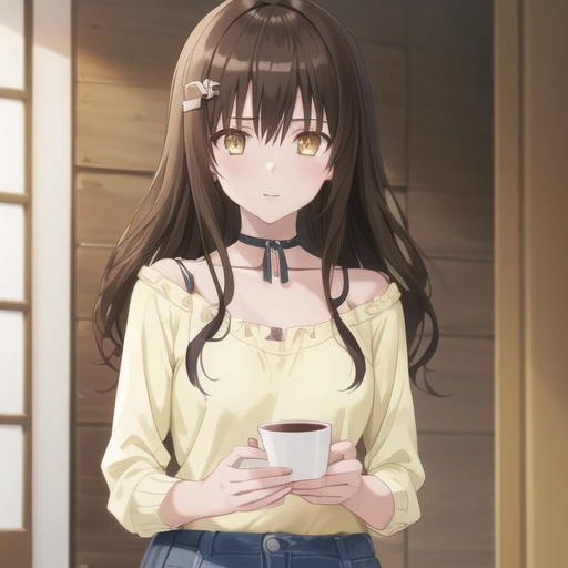 anime girl holding a cup of coffee in front of a door