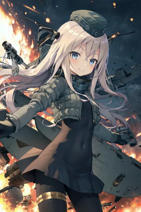 , combat field, sky, explosion, 
standing, evil smile,
 u-511 (pump),  military uniform, garrison cap, cropped jacket, puffy sleeves, long sleeves, gloves, black_dress, black pantyhose, high heels,
 <lora:kancolle-u500(pump)-000050:0.7>