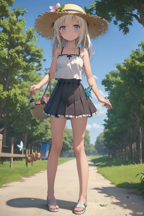 3dcg, summer, sky, park, forest,
standing, holding butterfly net, bug cage,
ro-500 (pump), straw hat, tube top, frilled skirt, white footwear, 
 <lora:kancolle-ro500(pump)-000050:0.7>