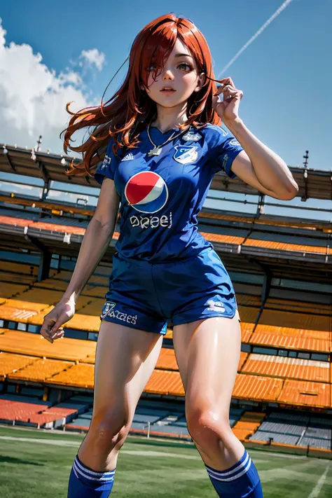 (extremely detailed CG unity 8k wallpaper), (best quality), (ultra-detailed), (best illustration), 1girl, detailed soccer stadium, outdoors, beautiful sunlight, soccer uniform, shorts, socks, soccer,  green field, smiling, ((large breasts, wide waist)),  <...