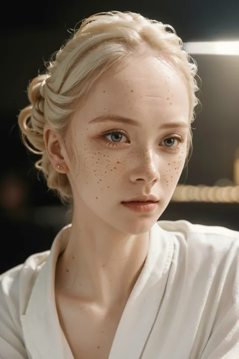 (extreme closeup:1.3) portrait albino woman upsweep updo button shirt large freckles at a cantina sitting bar (masterpiece:1.5) (photorealistic:1.1) (bokeh) (best quality) (detailed skin texture pores hairs:1.1) (intricate) (8k) (HDR) (wallpaper) (cinemati...