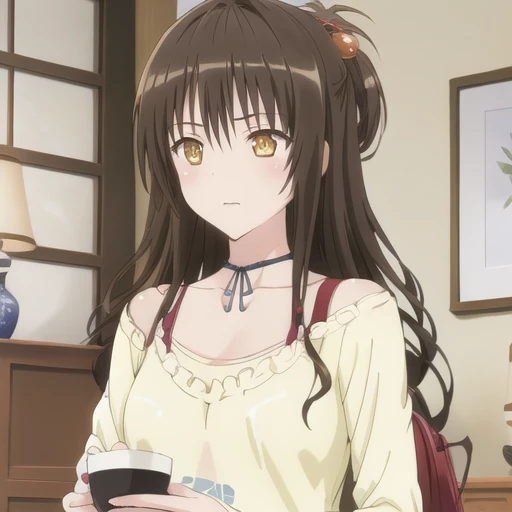 anime girl with long brown hair holding a cup of coffee