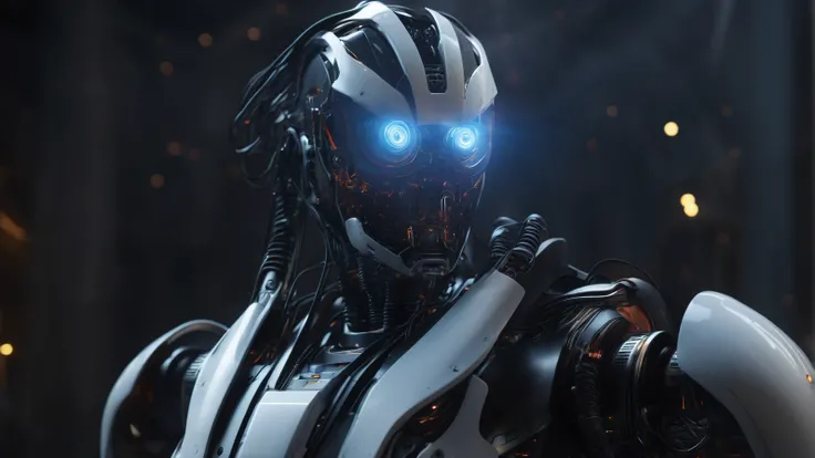 close-up of a robot, very detailed, accents of glowing light, volumetric fog, volumetric lighting, imax, volumetric glow