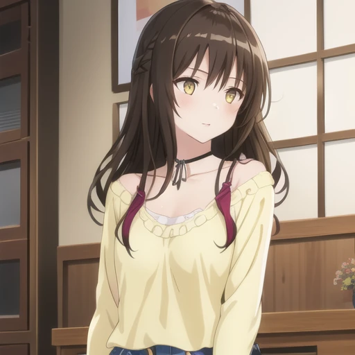 anime girl with long brown hair wearing a yellow shirt and blue jeans