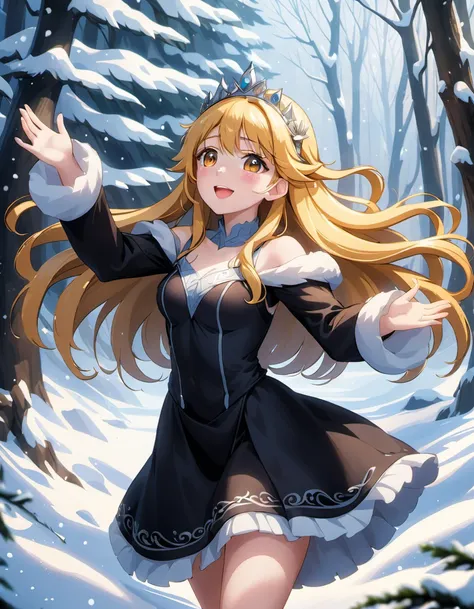 1girl,solo,anime,full body,princess,waving,open hand,hands up,detailed and beautiful hands,bare breast,mysterious,smile,golden hair,black dress,short skirt,winter,in deep forest,snow,(embedding:unaestheticXLv13.safetensors:1.2),(embedding:negativeXL_D.safe...