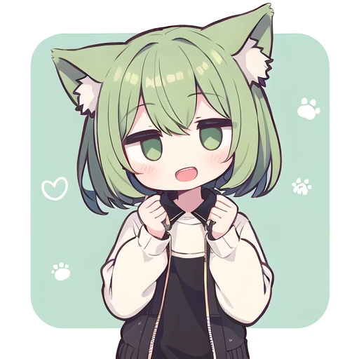 <lora:hotarueye_jitome9_v100:1>, 1girl, (chibi:1.4), smile, open mouth, upper body, standing, animal ear, green hair