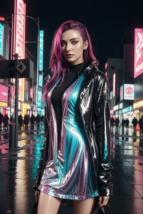 masterpiece, concept art, close shot, highly detailed, centered, 1girl in a (shiny color dress) standing in the rain, dreamy cyberpunk girl, cyberpunk art style, cyberpunk beautiful girl, cyberpunk girl, model girl, cyberpunk vibe, beautiful digital artwor...