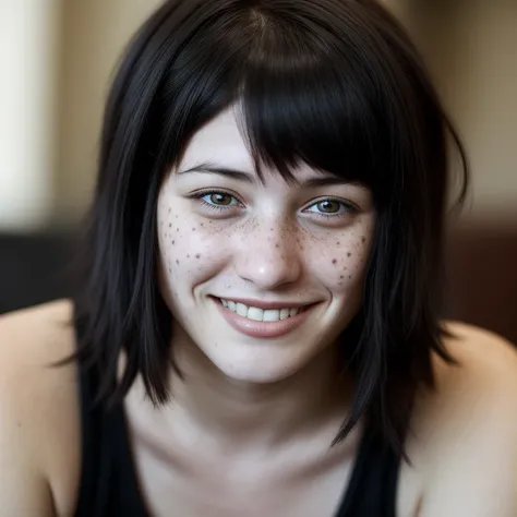 a beautiful woman at home, short black hair, smile, cute face, closeup <lora:skin_slider_v1:3>