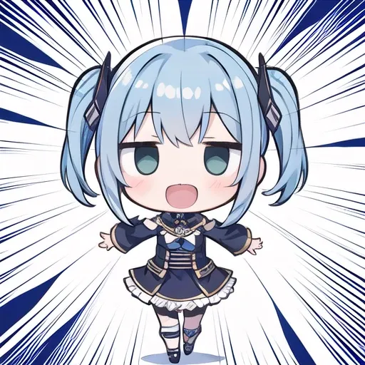 <lora:hotarueye_jitome9_v100:1>, 1girl, (chibi:1.4), smile, open mouth, dynamic angle, dynamic pose, , blue hair, <lora:concentratedlines_v100:1>