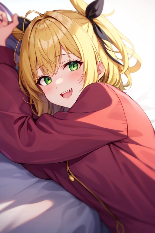 onesie, blonde hair, ribbon, teeth, hair ornament, upper body, object hug, fang, lying, hair ribbon, green eyes