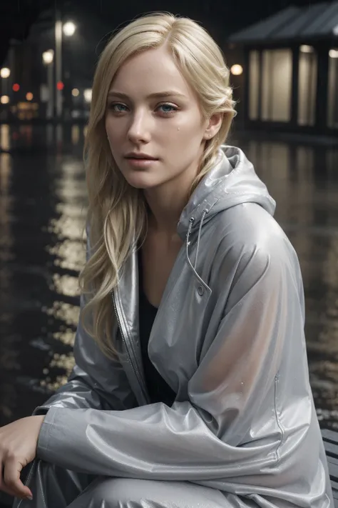 Beautiful depressed and crying young blond woman sitting outside in the cold rain, unreal engine 5 rendered, incredibly highly detailed and realistic, 8 k, sharp focus, studio quality, 8k, high quality, high resolution, 4k, hd, (well designed face), amazin...