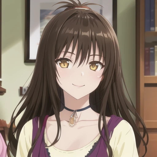 anime image of a woman with long brown hair and a necklace