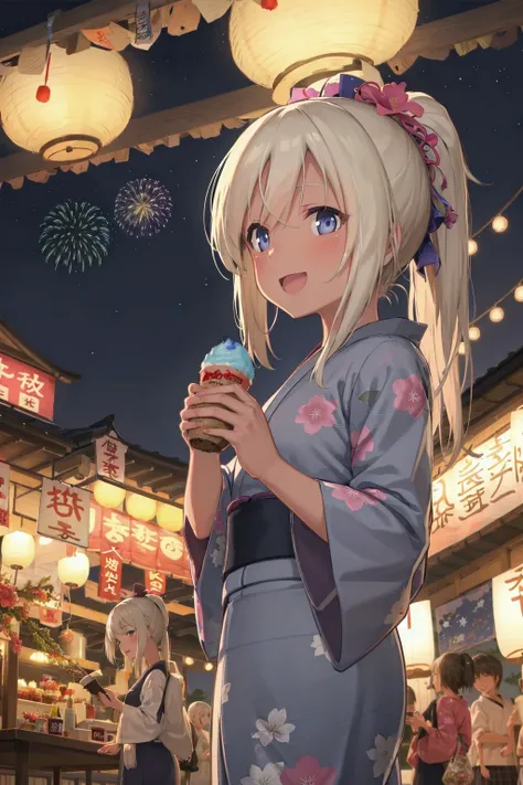 , night, summer festival, paper lantern, yatai, fireworks,
standing, holding shaved ice, laughing,
ro-500 (pump), ponytail, print, yukata
<lora:kancolle-ro500(pump)-000050:0.7>