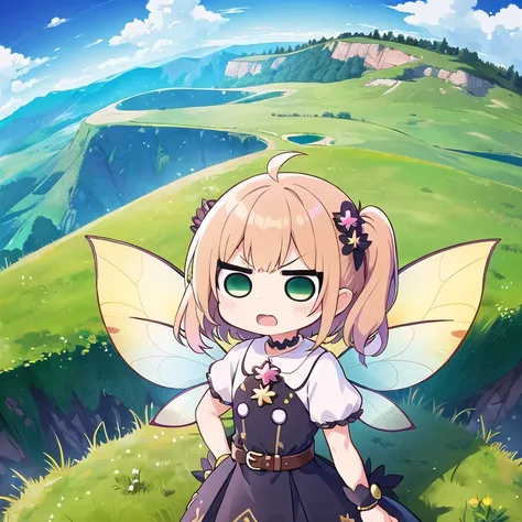 1girl, (chibi, fairy, upper body:1.4), angry, open mouth, standing, hill grass, fantasy world, (very wide, panorama view, sense ...