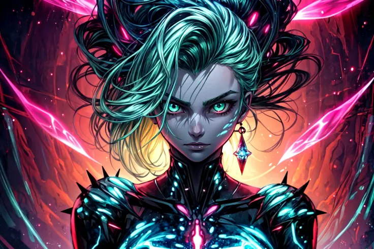 masterpiece, best quality, colorful, bold, anime, illustration,  portrait, solo, upper body, looking at viewer, detailed background, detailed face, Genetic experiment, humanoid, solo, lower body, glowing green eyes, spiky hairstyle, bioluminescent hair, na...