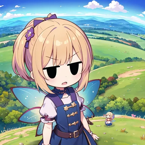 1girl, (chibi, fairy, upper body:1.4), angry, open mouth, standing, hill grass, fantasy world, (very wide, panorama view, sense ...