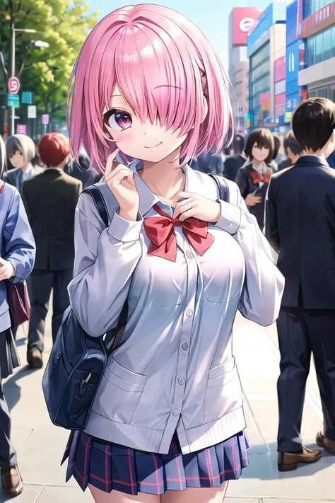 insanely detailed, absurdres, ultra-highres, ultra-detailed, best quality, 1 girl, solo, 16 years old, nice hands, perfect hands, BREAK, (wearing winter school uniform, blue pleated skirt, red bowtie), happy smile, laugh, closed mouth, walking, 45 angle, c...