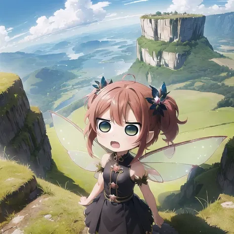 1girl, (chibi, fairy, upper body:1.4), angry, open mouth, standing, hill grass, fantasy world, (very wide, panorama view, sense ...