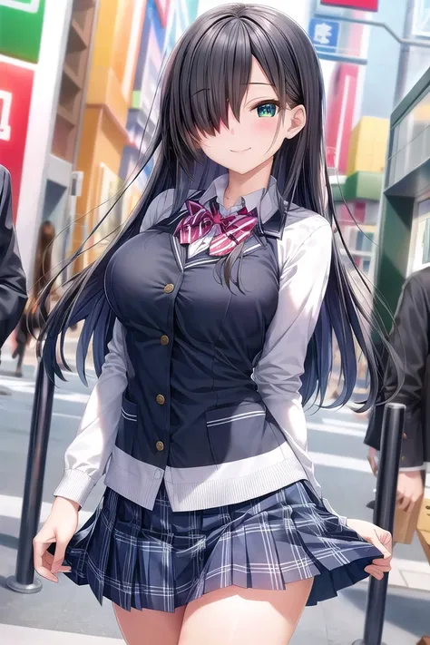 insanely detailed, absurdres, ultra-highres, ultra-detailed, best quality, 1 girl, solo, 16 years old, nice hands, perfect hands, BREAK, (wearing winter school uniform, blue pleated skirt), happy smile, laugh, closed mouth, walking, 45 angle, cowboy shot, ...