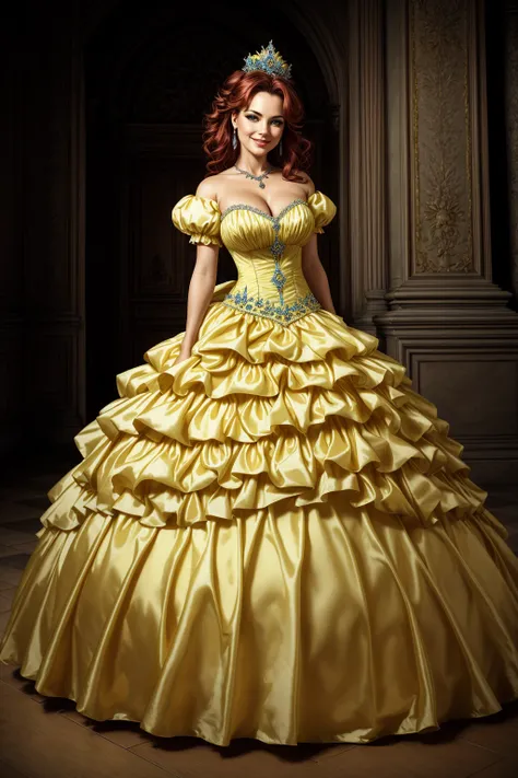 ((Masterpiece, best quality)), edgQuality,smug,smirk,bimbo,glossy,
ballgown, a woman in a yellow dress posing for a picture , wearing a ballgown,
 <lora:edgBallgown_MINI:1>