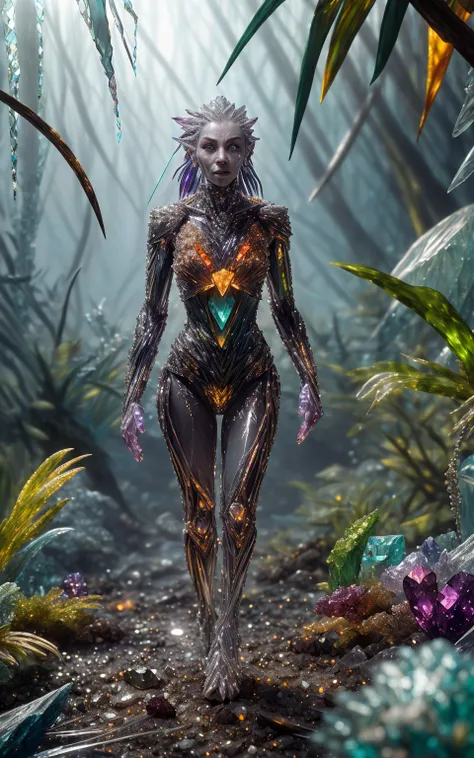 realistic analog crstal17-8000 photo, a female android walking in a magnificent silver-toned Jungle, very detailed, intricate, (ground mist:1.1),  <lora:to8_ContrastFix_sd15:0.83>