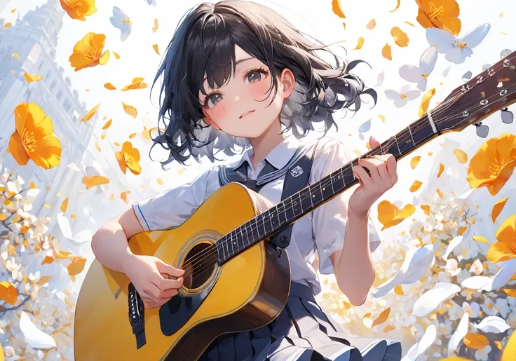 extremely detailed CG unity 8k wallpaper, highest quality, ultra-detailed, perfect illumination, accurate shadowing, one vibrant and lively,(white background)
close up, masterpiece, best quality,a black-hairdo girl a pretty girl School uniform Guitar Perfo...