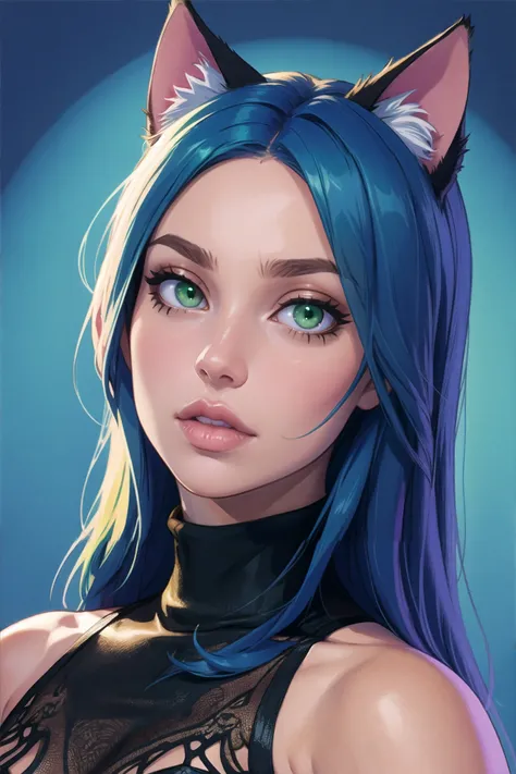 (genbenoist_4t:0.8), portrait shot, cat ears, green eyes, blue hair, bokeh, blurred background, turtleneck, slim, slender, looking at viewer, (masterpiece), (best quality:1.2), absurdres, intricate details, (highly detailed skin:1.2)